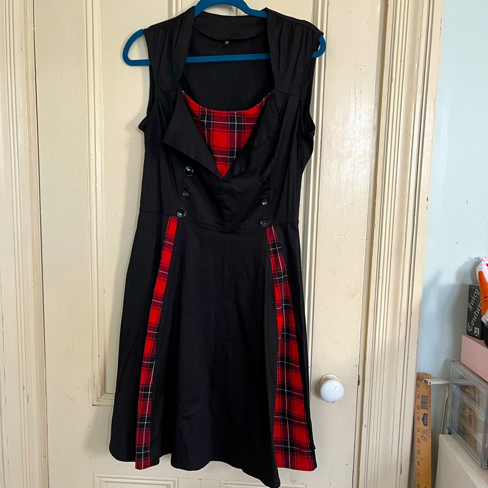 Size XXL Stretch Vintage Style Fit&Flare Sleeveless Black Red Plaid Dress Punk
